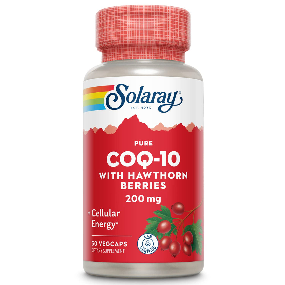 SOLARAY Pure CoQ-10 200 mg bottle highlighting heart support blend