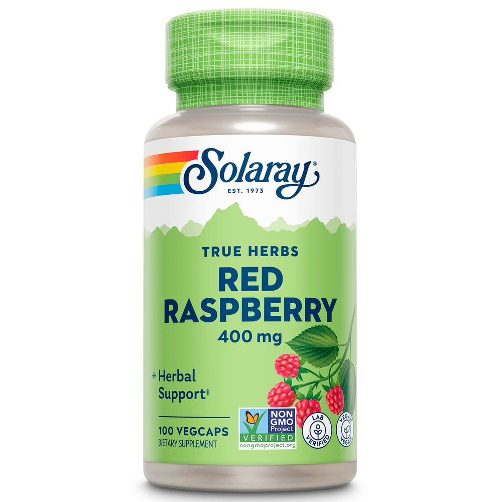 SOLARAY red raspberry leaves capsules bottle front, convenient daily supplement for women's wellness.