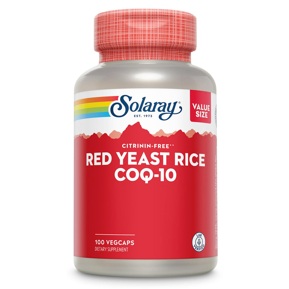 SOLARAY Red Yeast Rice CoQ10 No-Flush Niacin bottle front promotes daily wellness