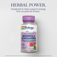 Close-up SOLARAY Rhodiola Schizandra label shows potency for energy support