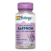 SOLARAY Saffron Extract bottle label highlights vegan, gluten-free quality for daily wellness.
