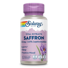 SOLARAY Saffron Extract bottle label highlights vegan, gluten-free quality for daily wellness.