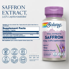 SOLARAY Saffron Extract serving vegcaps demonstrates easy daily mood and sleep support.