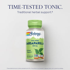 SOLARAY Sarsaparilla Root bottle back label reveals ingredients and testing marks.
