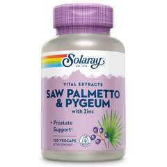 SOLARAY Saw Palmetto & Pygeum bottle label highlights vegan, gluten-free prostate support.