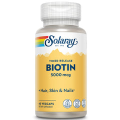 Solaray Timed-Release Biotin capsules show the high-potency daily use for hair, skin, and nails.