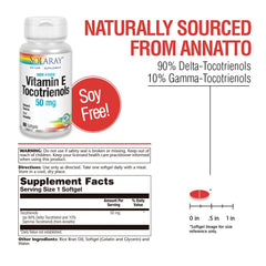 SOLARAY Tocotrienols bottle back label listing ingredients and dosage guidance for safety.