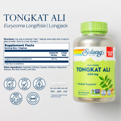 SOLARAY Tongkat Ali capsules close-up highlighting 400 mg root per capsule