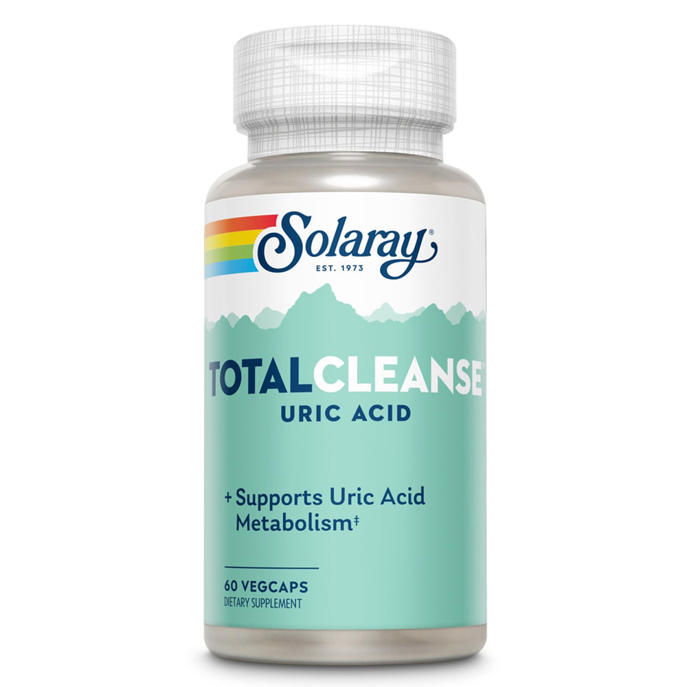 Solaray Total Cleanse Uric Acid bottle pour highlights plant-based joint support