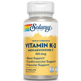 SOLARAY triple-strength Vitamin K-2 MK-7 bottle label highlights vegan potency for bone health
