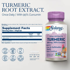 Close-up of SOLARAY 95% curcuminoids bottle emphasizes potent turmeric extract.