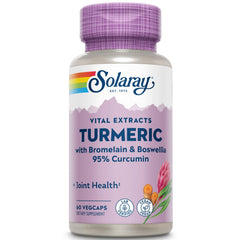 Solaray Turmeric bottle front indicating vegan joint support potential.