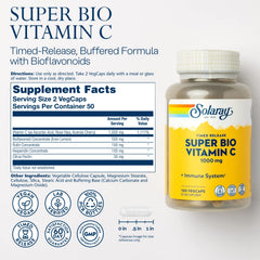 SOLARAY Vitamin C capsules close-up highlighting compact, easy-to-take vegan capsules.