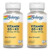 SOLARAY Vitamin D3 + K2 bottle closeup highlighting labeling for calcium support.