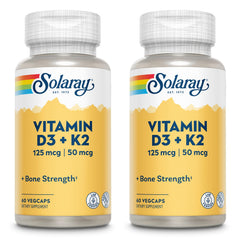 SOLARAY Vitamin D3 + K2 bottle closeup highlighting labeling for calcium support.