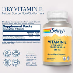 SOLARAY Vitamin E capsules shown in dry powder form for easy daily use.