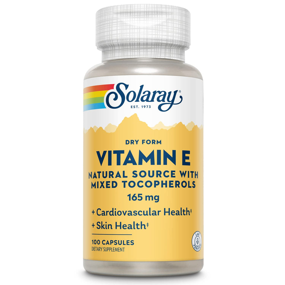 SOLARAY Vitamin E Dry 200 IU bottle front with eco-friendly PCR packaging