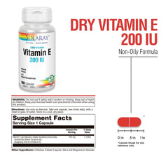 SOLARAY Vitamin E Dry 200 IU capsules close-up emphasizing non-oily form