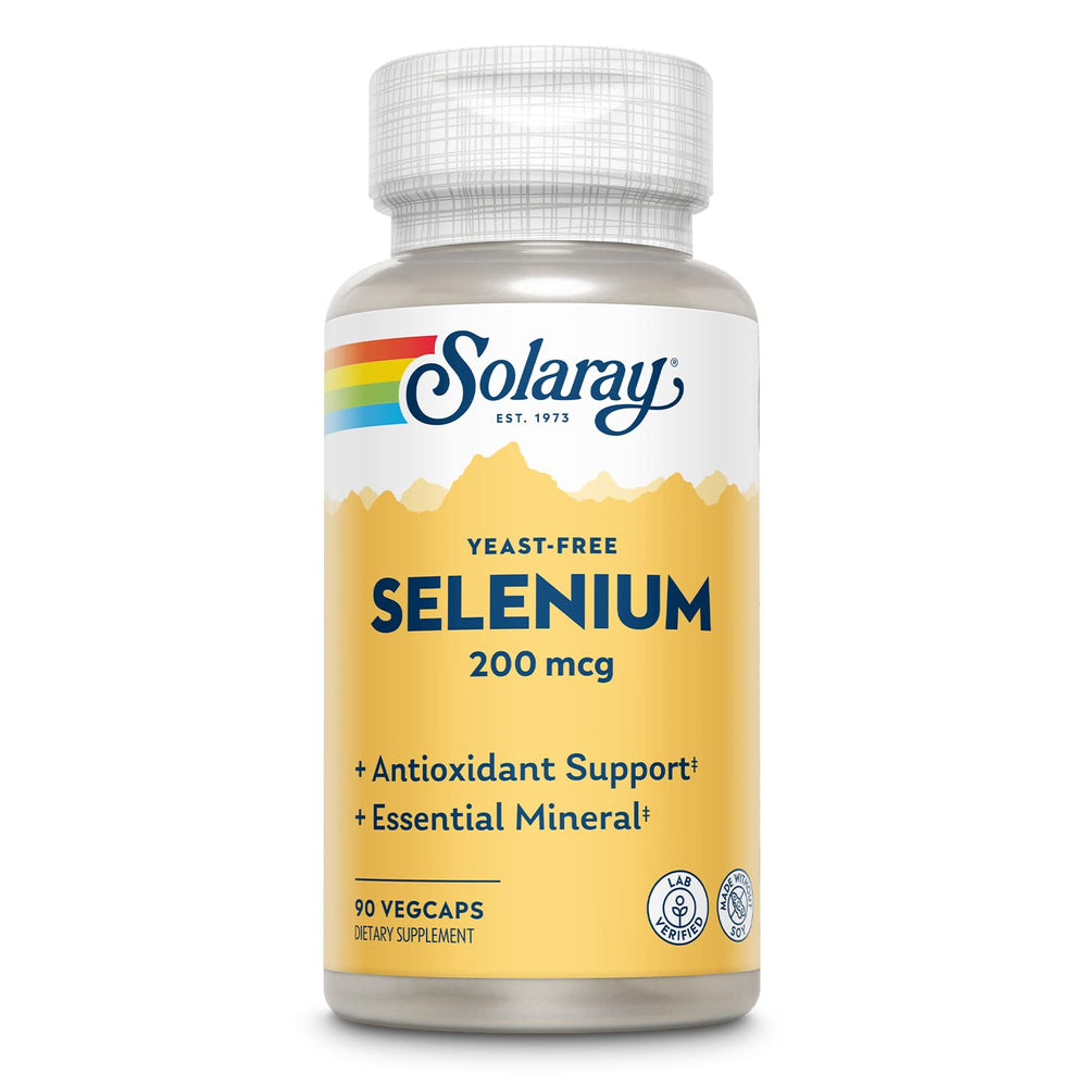 Solaray yeast-free selenium bottle with capsules for potential thyroid support and immune health.