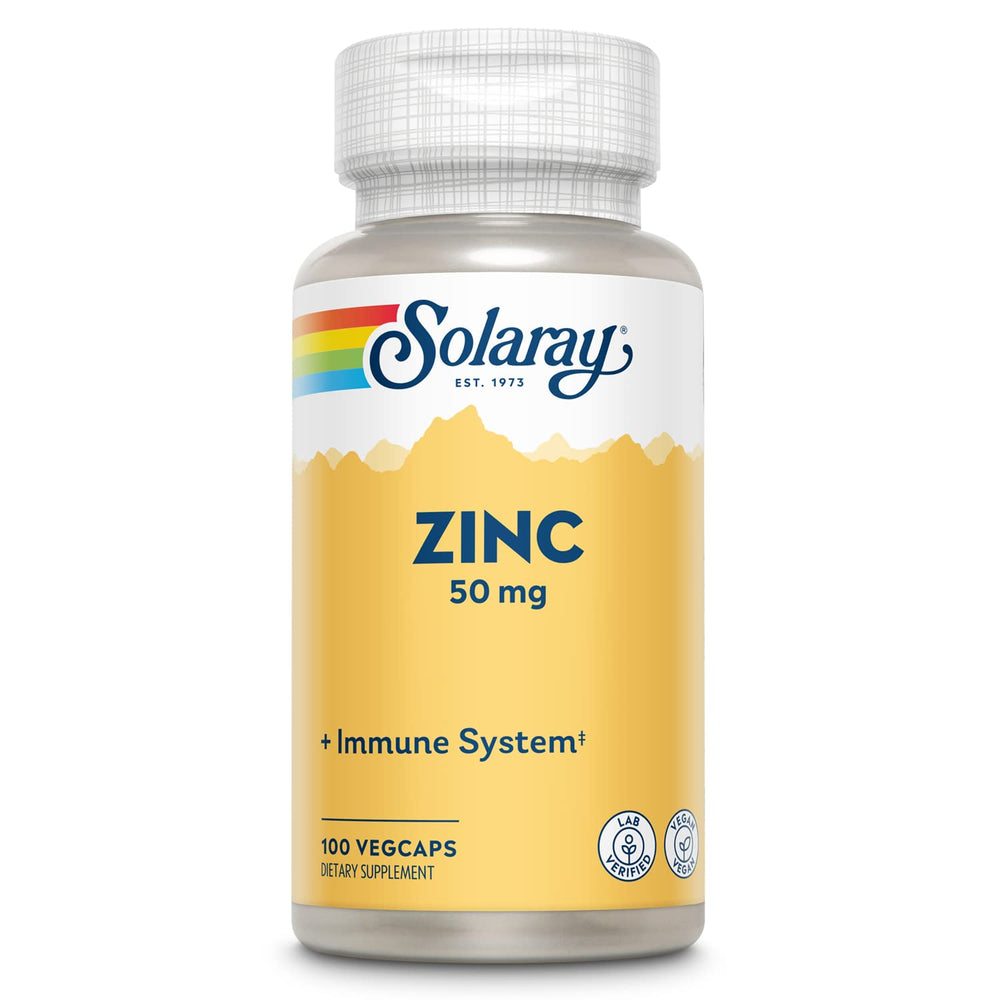 Solaray Zinc 50mg bottle highlights immune support potential.