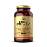 Solgar 1300 mg Omega 3-6-9 softgels bottle showing triple oil blend for overall wellness