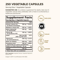 Close-up of Solgar B-Complex 100 label highlighting vegan, non-GMO formula