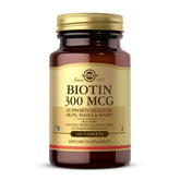Solgar Biotin 300mcg bottle front view—vegan formula for hair and nails.