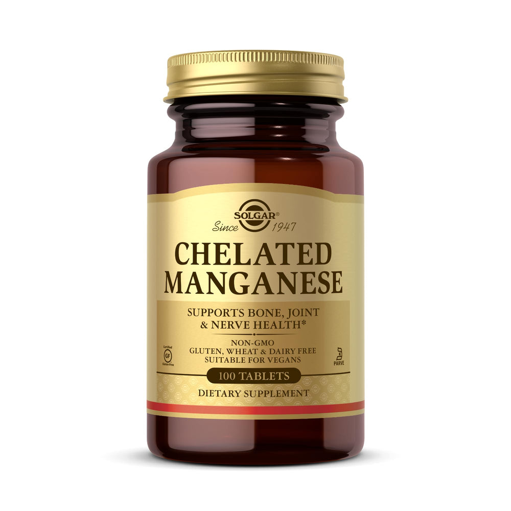 Solgar Chelated Manganese bottle with 100 tabs for easy daily supplementation.