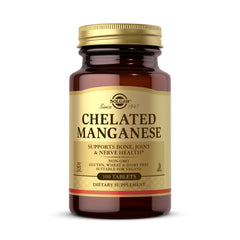 Solgar Chelated Manganese bottle with 100 tabs for easy daily supplementation.