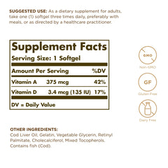 Solgar Cod Liver Oil softgels closeup, easy daily intake for immune support and vision.