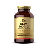 Solgar DLPA 500 mg bottle with label close-up for daily mood support.