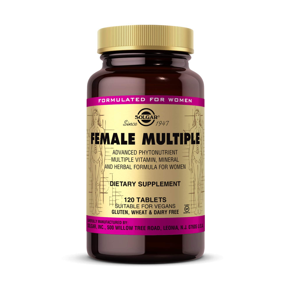 Solgar Female Multiple bottle front view highlighting vegan, gluten-free daily nutrition.