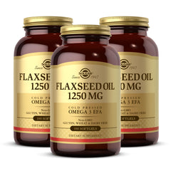 Solgar Flaxseed Oil 1250 mg bottle label highlights non-GMO and gluten-free formula
