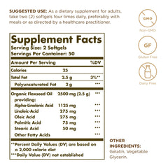 Solgar flaxseed oil softgels close-up showing 100-count bottle and smooth capsules