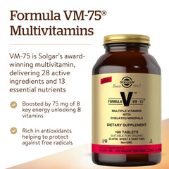 Solgar Formula VM-75 packaging emphasizes vegan and kosher certification for allergy-conscious shoppers.
