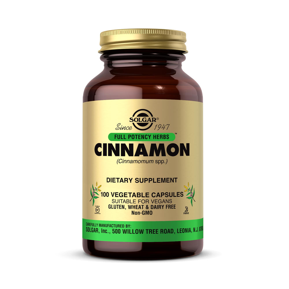 Solgar Full Potency Cinnamon bottle with 100 vegan capsules for daily use