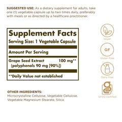 Solgar Grape Seed Extract bottle back label with dosage details