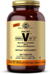 Solgar Iron-Free VM-75 bottle with vegan and gluten-free labeling for daily wellness