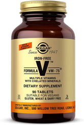 Solgar Iron-Free VM-75 bottle front showing the product for vegan daily use.