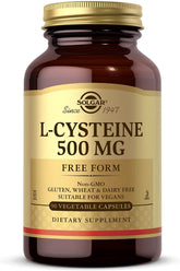 Solgar L-Cysteine 500 mg bottle close-up for keratin support.