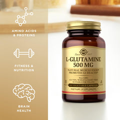 Solgar L-Glutamine packaging with vegan and kosher symbols for clean nutrition.