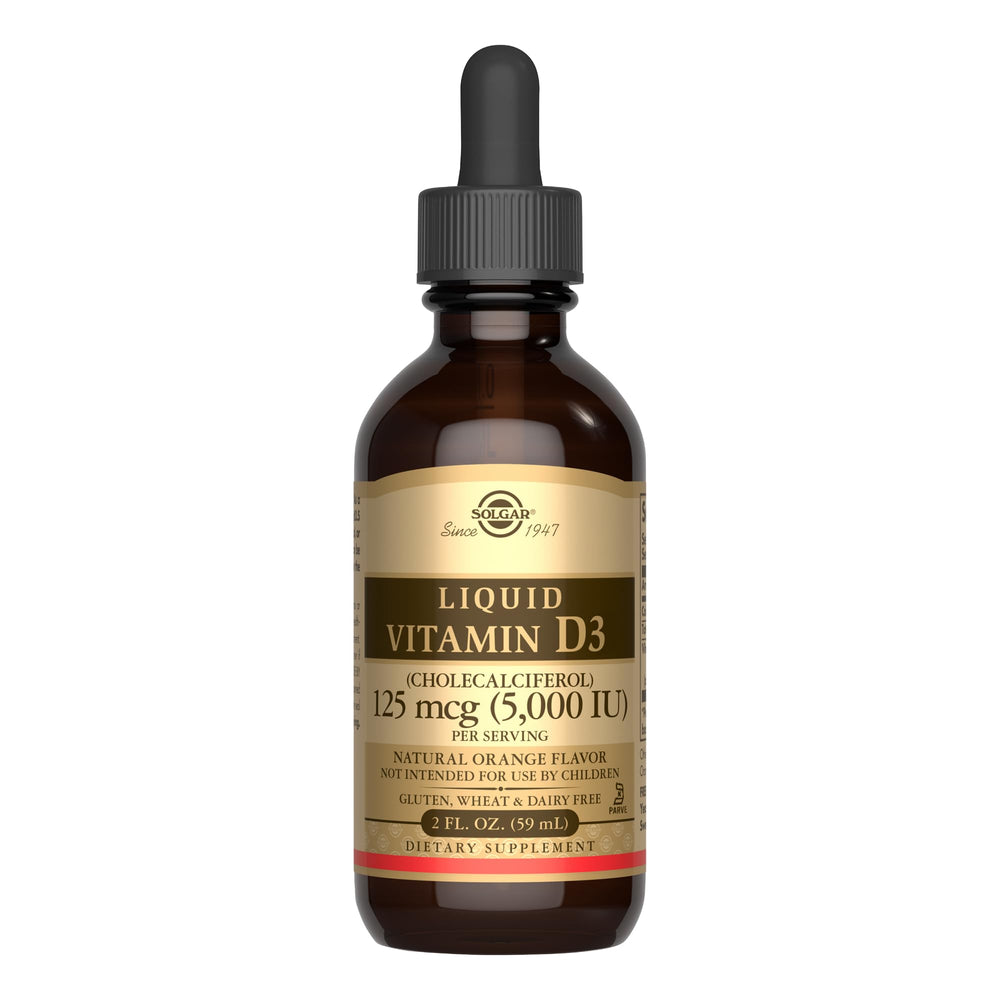 Solgar Liquid Vitamin D3 orange bottle pouring for easy daily supplementation
