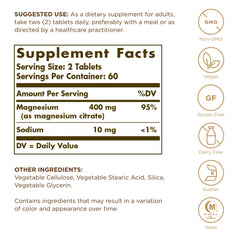 Close-up of Solgar Magnesium Citrate tablets showing compact, easy-to-swallow form