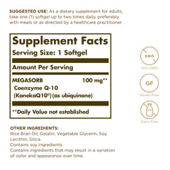 Solgar Megasorb CoQ-10 softgel close-up highlighting easy-to-swallow capsule.