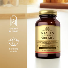 Solgar Niacin 500 mg capsules on a white background for daily use