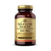 Solgar No-Flush Niacin 500mg bottle on shelf, convenient daily vitamin B3 intake.