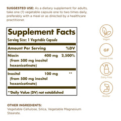 Solgar No-Flush Niacin 500mg capsules close-up, easy-to-swallow vegetarian capsules.