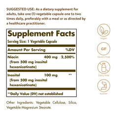 Solgar No-Flush Niacin capsules closeup showing 500 mg per serving.