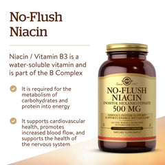 Solgar No-Flush Niacin label detail with vegan and allergen-free notes.