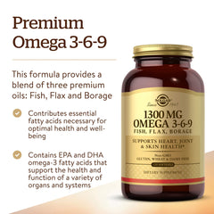 Solgar Omega-3-6-9 bottle label closeup highlighting purity and safety